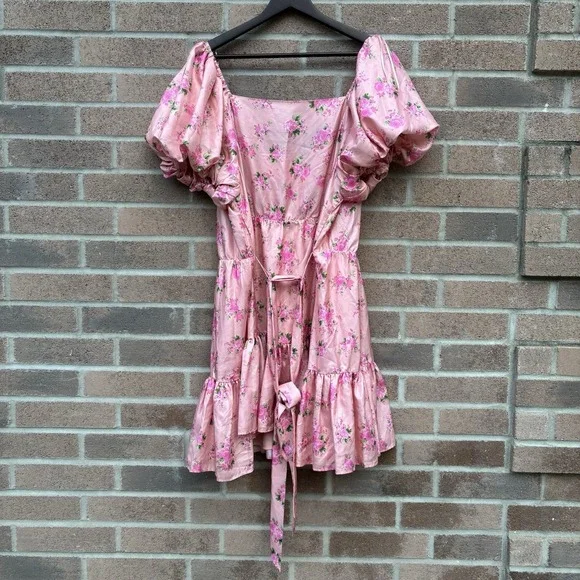 LoveShackFancy x Target Womens 18W Pink Satin Floral Puff Sleeve Mini Dress - Picture 9 of 12